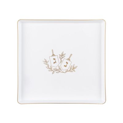 10.75" inch Square Plastic Plates Heavy Duty Plastic Hanukkah Dinner Plates with White Gold Chanukah Design Hanukkah Party Disposable Charger Plate China Like Plastic Salad Plate Chanuka (48)