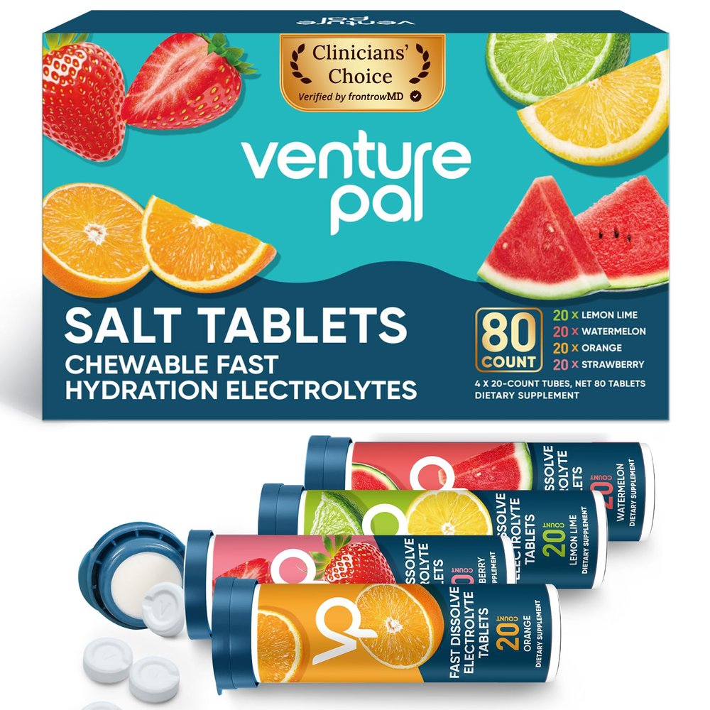 Venture Pal Chewable Electrolyte Tablets, 80 Count Fast-Dissolve Sugar-Free Stick Salt Tablets,Gluten Free Variety Pack for Rapid Hydration, Outdoor Running, Hiking | Keto & Vegan Friendly | 4 Pack