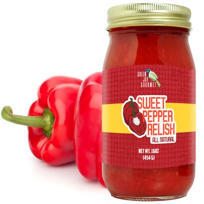 Green Jay Gourmet Relish - Sweet Pepper Relish - Red Bell Pepper Relish & Spread - USA Made - For Burgers Hot Dogs, Sandwiches & More - Gluten-Free, No MSG & Small-Batch - 16 Ounces
