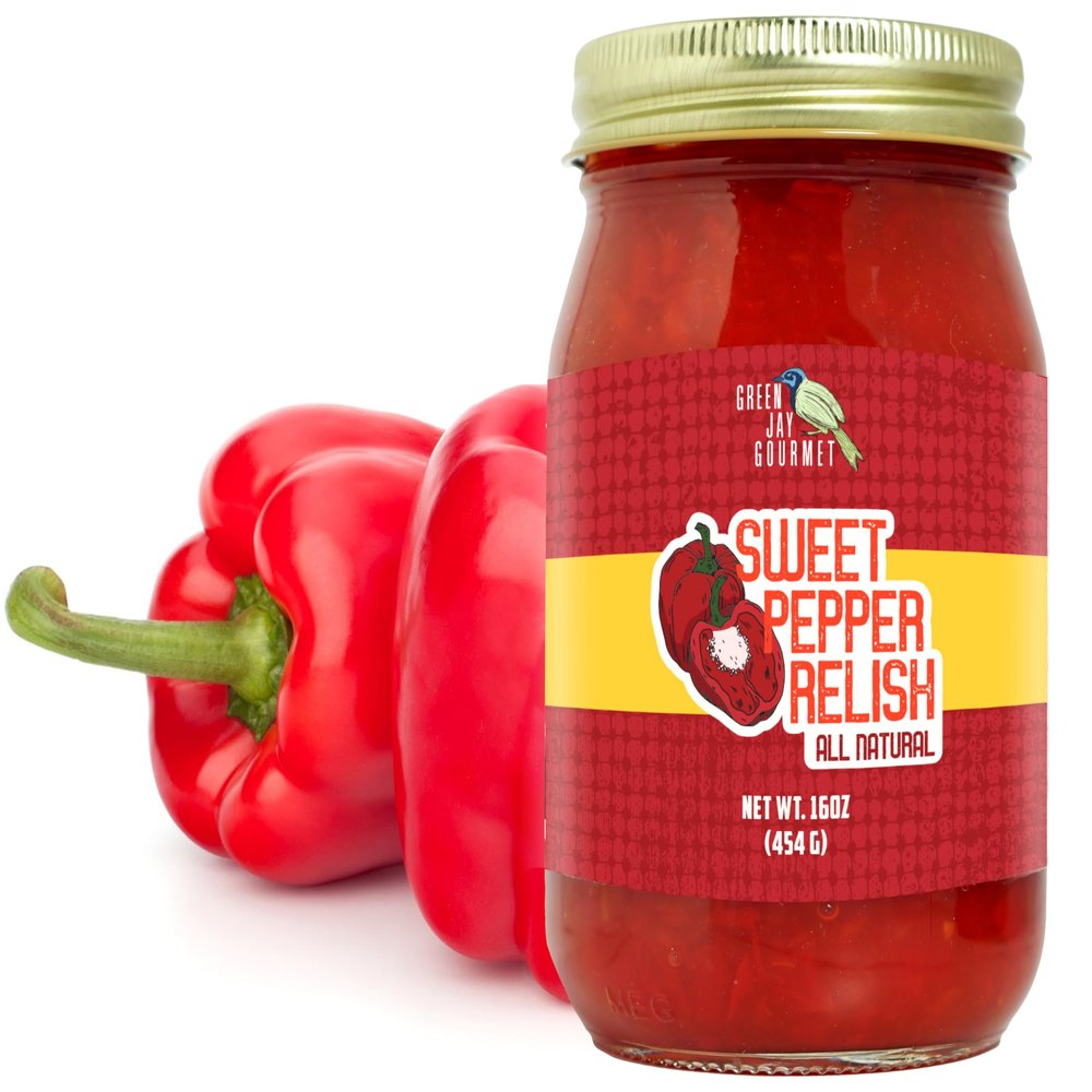 Green Jay Gourmet Relish - Sweet Pepper Relish - Red Bell Pepper Relish & Spread - USA Made - For Burgers Hot Dogs, Sandwiches & More - Gluten-Free, No MSG & Small-Batch - 16 Ounces