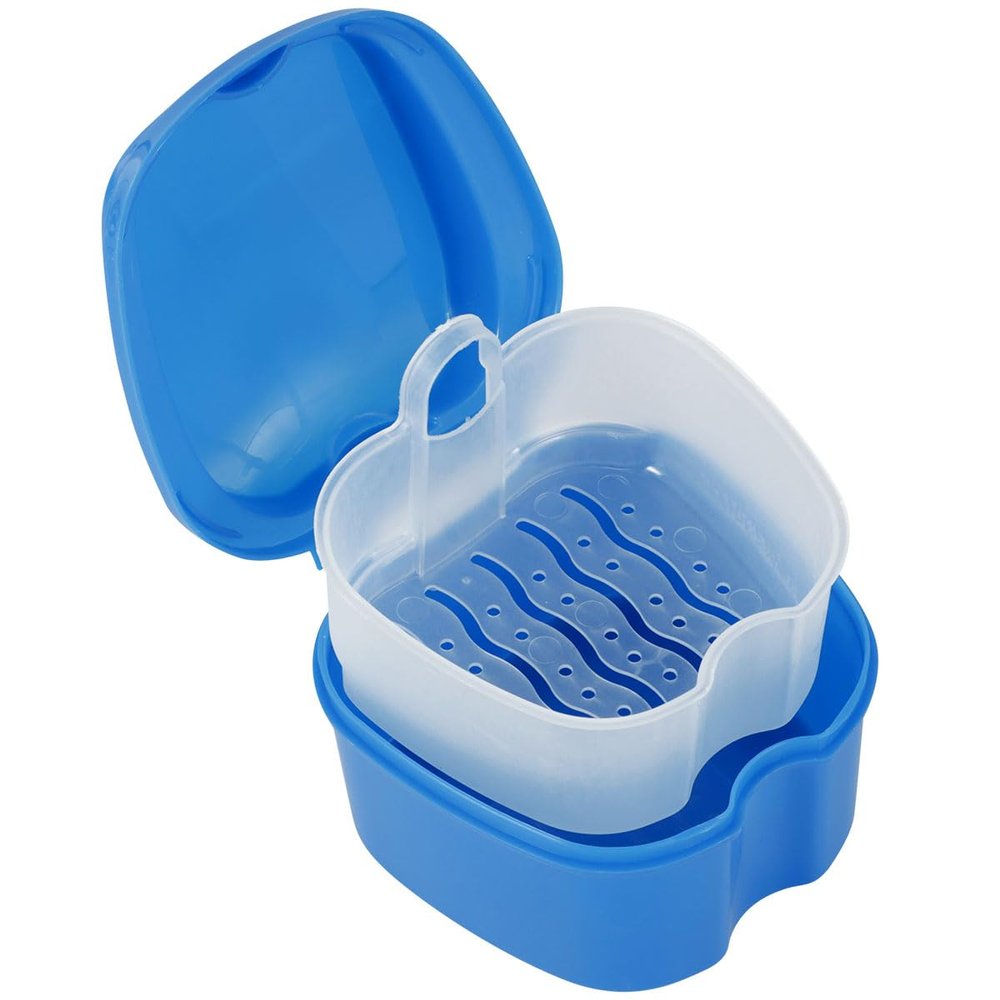 Denture Case Denture Bath Box False Teeth Storage Box with Rinsing Basket Portable False Teeth Storage Case Orthodontic Dental Retainer Box for False Teeth Storage Soaking Cleaning (Navy Blue)