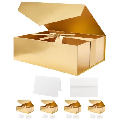 HAPPY POTATO 5 Large Gift Boxes with LIds and Ribbon 11.5x8.1x3.8 Inches, Bridesmaid Proposal Boxes, Gold Gift Boxes for Presents (Glossy Gold, Pack of 5)