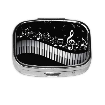 Men Women Pill Box Medicine Pill Case, White Piano Keys with Musical Notes Black Portable Medicine Tablet Vitamin Holder Organizer for Purse Pocket Travel Gift