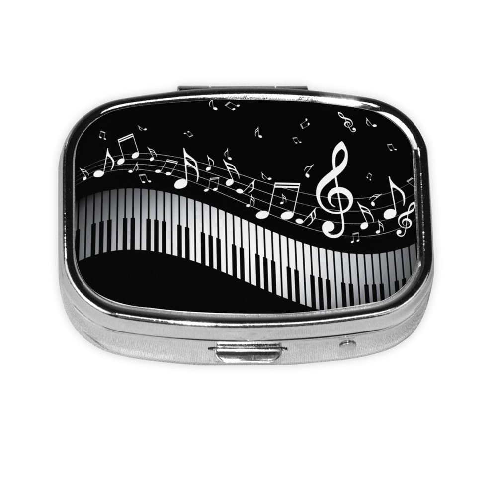 Men Women Pill Box Medicine Pill Case, White Piano Keys with Musical Notes Black Portable Medicine Tablet Vitamin Holder Organizer for Purse Pocket Travel Gift