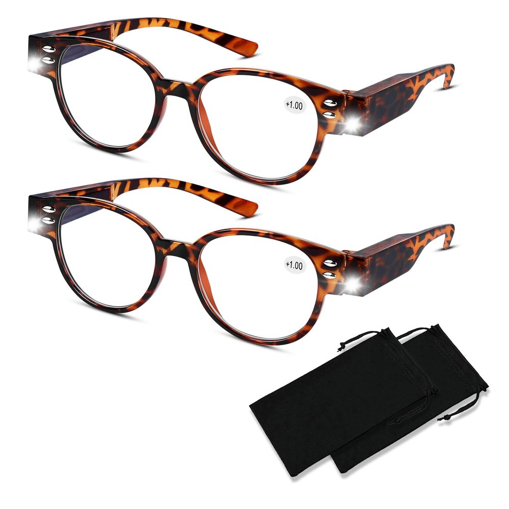 2 Pack Magnifying Glasses with Light Reading Glasses with Lights Bright LED Readers Lighted Reading Glasses Blue Light Blocking Glasses Magnifier Nighttime Reader for Women Men Lighted Eyeglasses+100