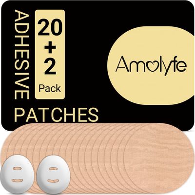 Amolyfe - Dexcom G7 Adhesive Patches - 20 Waterproof Dexcom Stelo Over Patches, 2 Reusable Bump-Proof Caps, 10 Days of Protection, Breathable Latex-Free and Hypoallergenic Adhesive, Premium Pack (TAN)