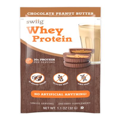 swiig Single Serve Whey Chocolate Peanut Butter 10pk  Premium Daily Whey Protein, 20g, Gluten Free, GMO Free, No Fillers, No Artificial Flavors