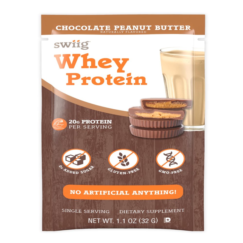 swiig Single Serve Whey Chocolate Peanut Butter 10pk  Premium Daily Whey Protein, 20g, Gluten Free, GMO Free, No Fillers, No Artificial Flavors