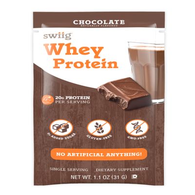swiig Premium Daily Whey, Chocolate Single-Serve 10-Pack  20g Protein per Serving with Amino Acids for Muscle Recovery  Gluten-Free, Non-GMO, No Fillers, No Artificial Flavors