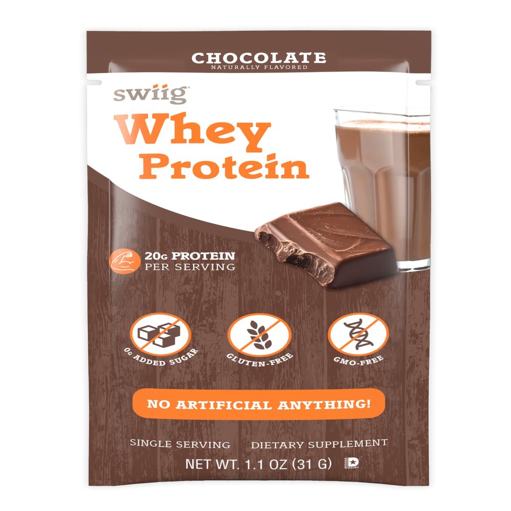 swiig Premium Daily Whey, Chocolate Single-Serve 10-Pack 20g Protein per Serving with Amino Acids for Muscle Recovery Gluten-Free, Non-GMO, No Fillers, No Artificial Flavors