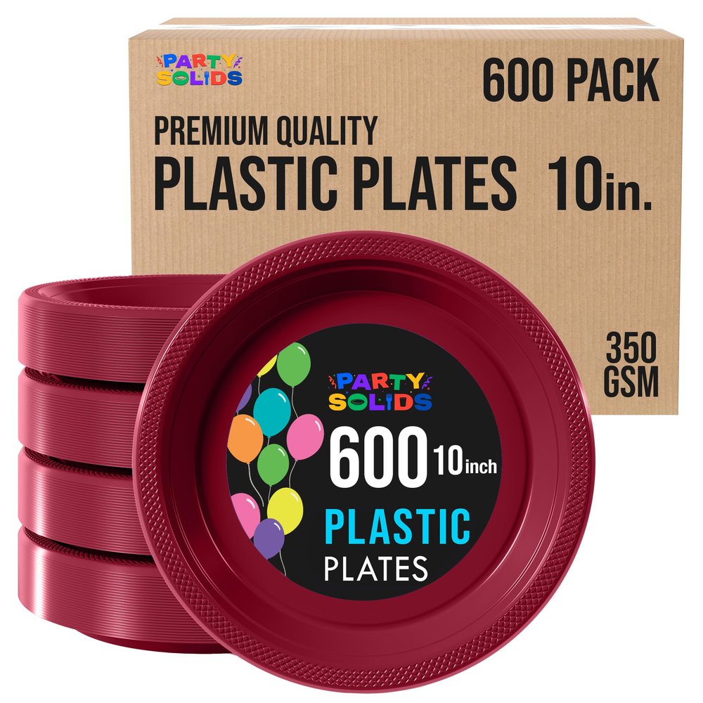 Party Solids Burgundy Plastic Plates Bulk 10" Burgundy Disposable Plates For Party Supplies 600 Pieces Disposable Dinner Plate Heavy Duty 350 GSM Plate Sets, Plastic Dinnerware Sets