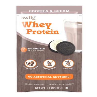 swiig Single Serve Whey Cookies and Cream 10pk  Premium Daily Whey Protein, 20g, Gluten Free, GMO Free, No Fillers, No Artificial Flavors