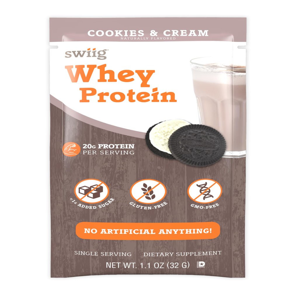 swiig Single Serve Whey Cookies and Cream 10pk  Premium Daily Whey Protein, 20g, Gluten Free, GMO Free, No Fillers, No Artificial Flavors