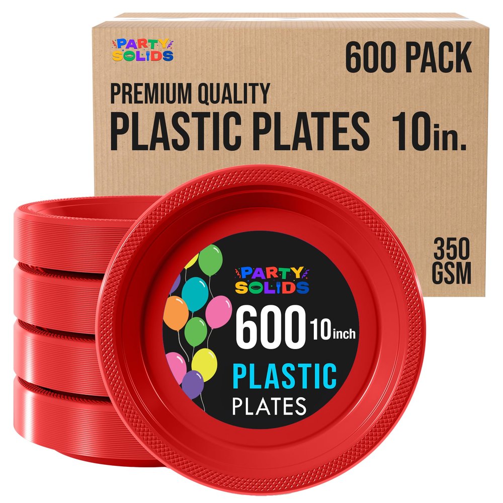 Exquisite Party Solids Red Plastic Plates Bulk 10" Red Disposable Plates For Party Supplies 600 Pcs Disposable Dinner Plate Heavy Duty 350 GSM Plate Sets, Plastic Dinnerware Sets
