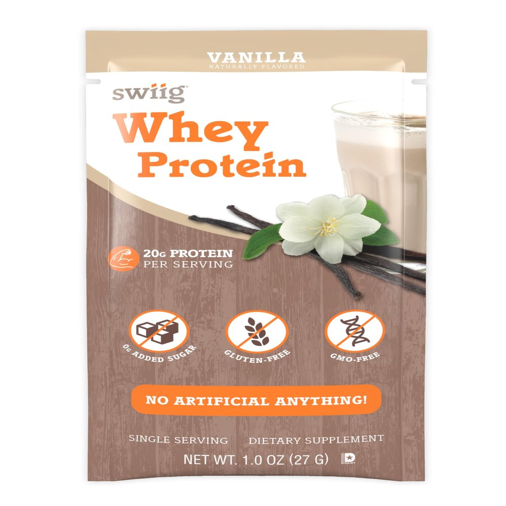 swiig Single Serve Whey Vanilla 10pk - Premium Daily Whey Protein, 20g, Gluten-Free, GMO-Free, No Fillers, No Artificial Flavors