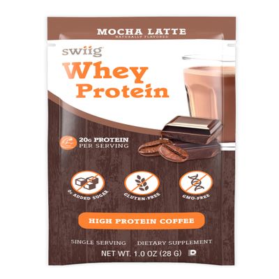 swiig Single Serve Whey Mocha Latte 10pk  Premium Daily Whey Protein, 20g, Gluten Free, GMO Free, No Fillers, No Artificial Flavors