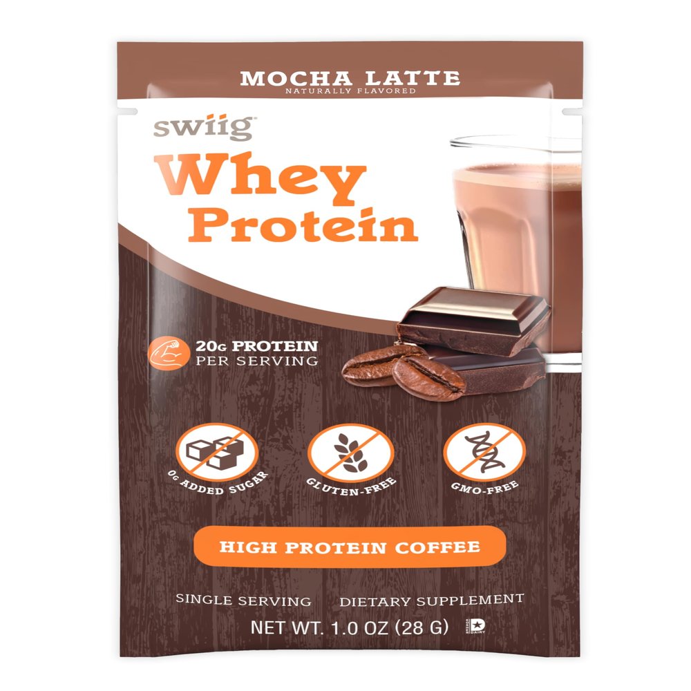 swiig Single Serve Whey Mocha Latte 10pk  Premium Daily Whey Protein, 20g, Gluten Free, GMO Free, No Fillers, No Artificial Flavors