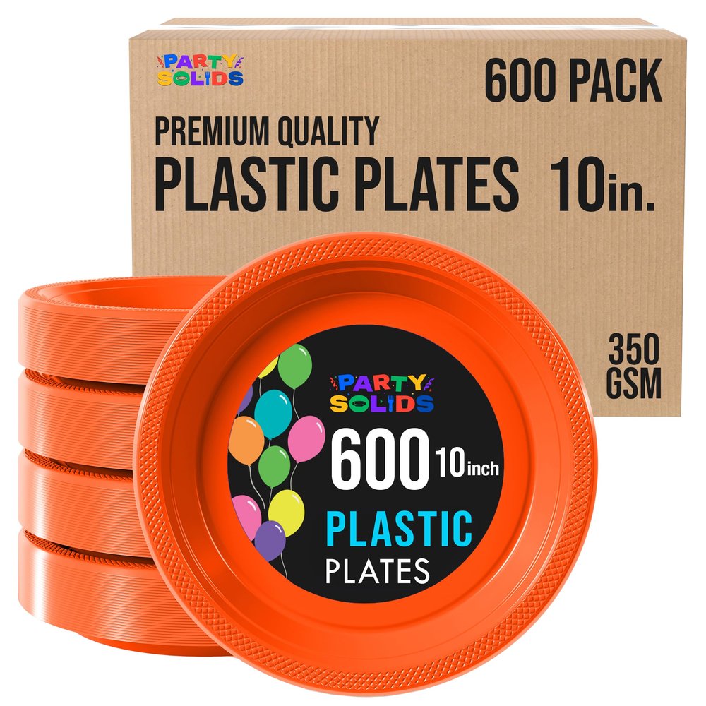 Party Solids Orange Plastic Plates Bulk 10" Orange Disposable Plates For Party Supplies 600 Pieces Disposable Dinner Plate Heavy Duty 350 GSM Plate Sets, Plastic Dinnerware Sets