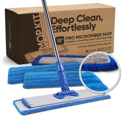 18" Professional Hardwood Floor Mop - Dry & Wet Mop for Wood, Laminate, Tile, Vinyl Floors | Washable Pads | Wet & Dust Mopping