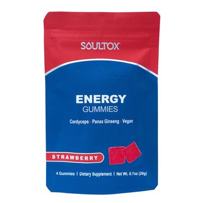Soultox Energy Mushroom Gummies Strawberry - Vegan Formula with Ginseng, Cordyceps, Caffeine, Vitamin B12 - Boosts Energy and Cognitive Function - Natural Ingredients - Single Pack