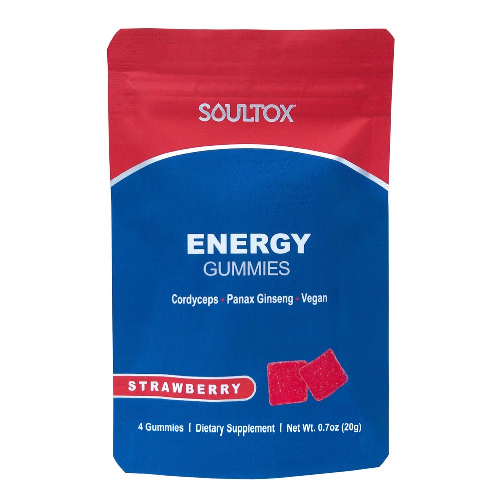 Soultox Energy Mushroom Gummies Strawberry - Vegan Formula with Ginseng, Cordyceps, Caffeine, Vitamin B12 - Boosts Energy and Cognitive Function - Natural Ingredients - Single Pack