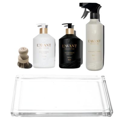 L'AVANT Collective Luxury Home Essentials Bundle | High Performing Dish Soap, Hand Soap, Multipurpose Cleaner Spray, Scrub Brush, Lucite Tray | Luxurious Ingredients Reusable Bottles (Fresh Linen)