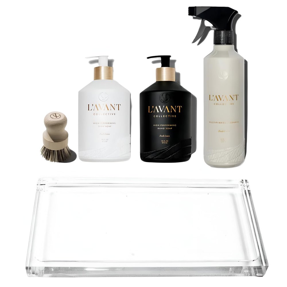 L'AVANT Collective Luxury Home Essentials Bundle | High Performing Dish Soap, Hand Soap, Multipurpose Cleaner Spray, Scrub Brush, Lucite Tray | Luxurious Ingredients Reusable Bottles (Fresh Linen)
