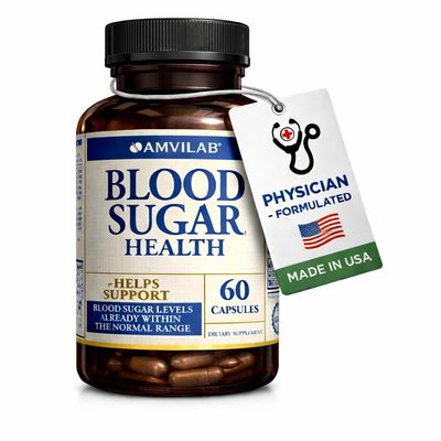AMVILAB Blood Sugar Health Natural 20 Herbs and Vitamins with Cinnamon, Alpha Lipoic Acid to Support Health, Non-GMO, for Men Women, Supports Healthy Energy Levels - 60 Herbal Pills - 30 Day Supply