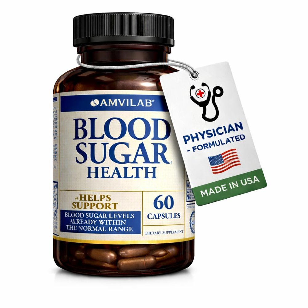 AMVILAB Blood Sugar Health Natural 20 Herbs and Vitamins with Cinnamon, Alpha Lipoic Acid to Support Health, Non-GMO, for Men Women, Supports Healthy Energy Levels - 60 Herbal Pills - 30 Day Supply