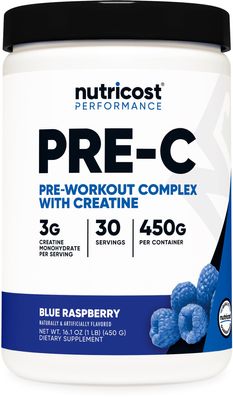 Nutricost Pre-C Pre-Workout Complex with Creatine (Blue Rasberry | 30 Servings) Powder - Boost Fintess Routines, 450g