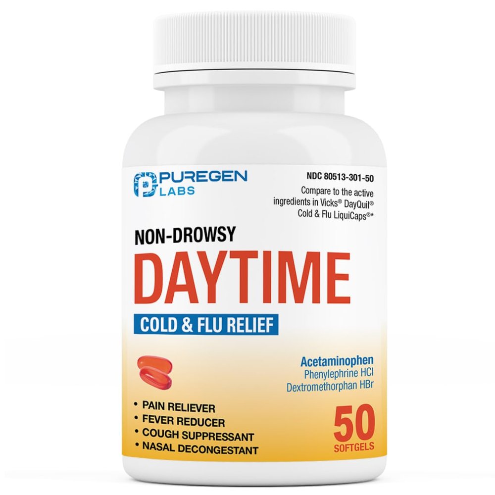 Puregen Labs Non-Drowsy Cold & Flu Medicine for Adults (50 Softgels) | Multi-Symptom Relief for Severe Congestion, Headache, Sore Throat, Fever, Aches and Pains (Daytime)