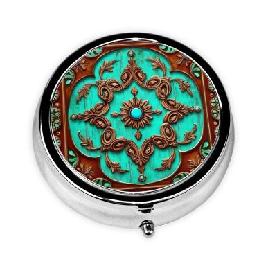 Small Pocket Pill Case, Daily Single Pill Box Organizer Portable for Purse Travel, One Day Mini Pill Container for Pills Vitamin Fish Oil Supplements (Rustic Brown Teal Western Country Tooled Leather)