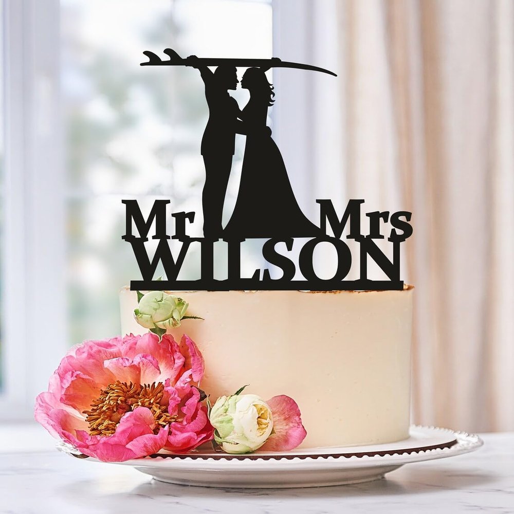 TiTaicor Surfing Couple Cake Topper,Surfing wedding cake topper,Couple With Surfboards Topper,Surf beach topper,Surfers couple Cake Insert for Wedding Engagement Anniversary Birthday Decor.