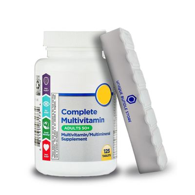 Unique Bundle Store Equate Complete Multivitamin Adults 50 Plus, 125 Count Tablets, Multi Vitamins for Adults & Multimineral Supplement + 7 Day Pill Organizer Included (Pack of 1)