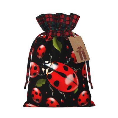 FEMOS Christmas Drawstring Gift Bags With Tags Xmas Gift Wrapping Bag Candy Goody Present Bags Holiday Decor/Ladybug