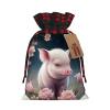 OOZ Pig with pink flowers pattern Christmas Decoration Gift Bag Candy Bag with Drawstring,Xmas Gift BagsTreat Pouch BagsSizeS Pink view 1