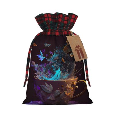 OOZ Tea cup with flying butterflies pattern Christmas Drawstring Gift Bags with Tags,Christmas Gift Bag for Xmas Holiday Party Favor Decoration SuppliesSizeS Black