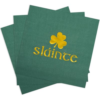 100 Pcs St Patrick's Day Napkins Slainte Cheers Paper Party Napkins Green Shamrock Patty's Day Disposable Dinner Napkins Gold Foil Irish Clover Beverage Napkins for Party Supplies