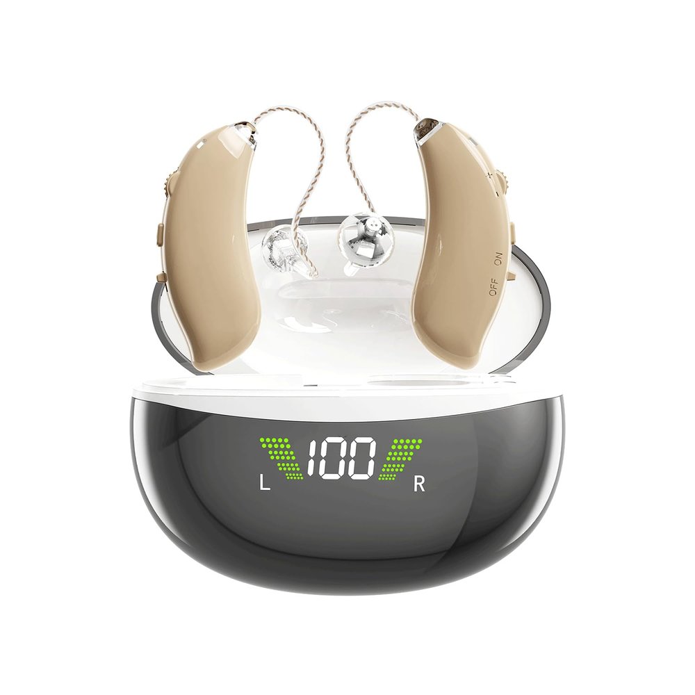 hearing aids for seniors rechargeable with noise cancelling,, 16 Channels Digital RIC Hearing Aids with Real Voice, Invisible Comfortable without Whistling Charging Box Displaying PowerOTC hearing