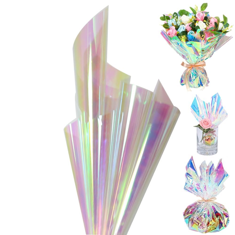NatureMan 20 Sheets 19.6 in x19.6 in Iridescent Cellophane Wrap Paper Flower Wrapping Paper,Rainbow Wrapping Paper for Flower Gift Baskets Wrap DIY Wrapping