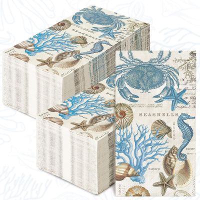 100Pcs Under the Sea Guest Napkins Vintage Crab Shell Starfish Coral Disposable Paper Napkin Summer Ocean Dinner Hand Napkin for Pool Party Bathroom, 13 x 15.7 Inch