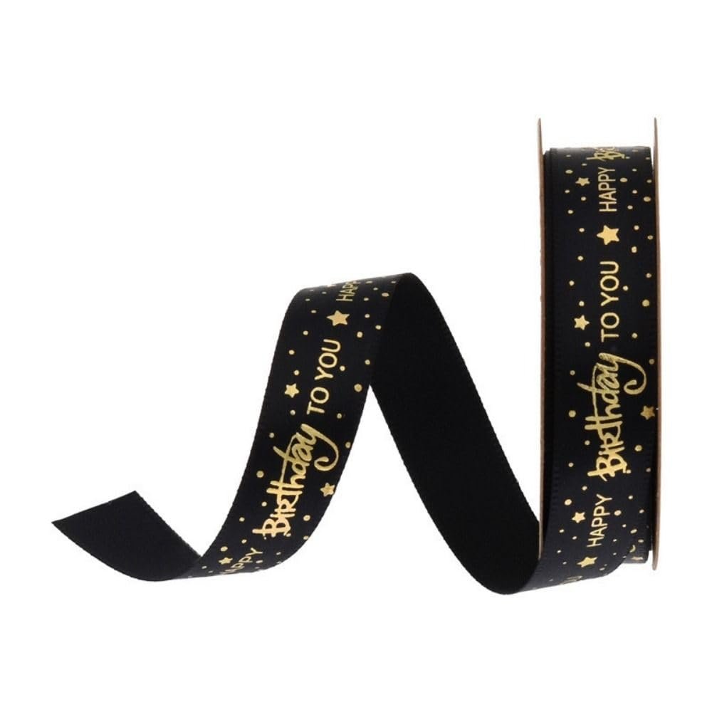 10/20 Yards/Roll 0.59inch Wide Happy Birthday Ribbon Polyester Satin Ribbons Gift Wrapping Ribbon Bouquet Wrapping Decoration(10 Yards,Black)