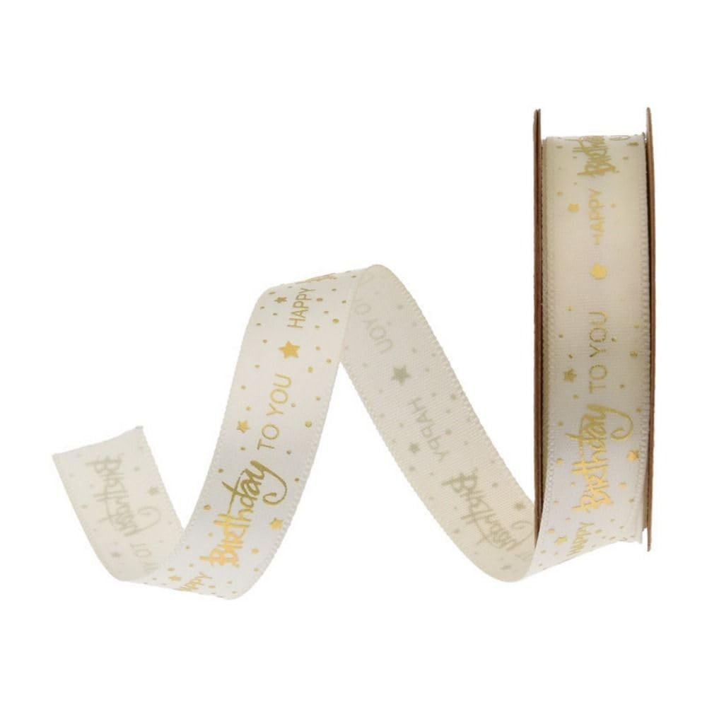 10/20 Yards/Roll 0.59inch Wide Happy Birthday Ribbon Polyester Satin Ribbons Gift Wrapping Ribbon Bouquet Wrapping Decoration(10 Yards,Beige)