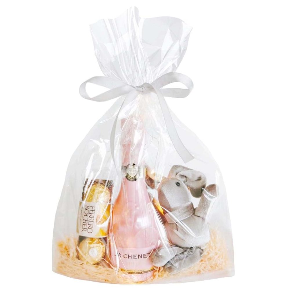 QKEEDSN 100 Pcs 10 x 14 Inches Clear Cellophane Gift Bags with 3.1 Inches Gold Twist Ties, Great for Goodies, Party Favors, and Holiday Gifts Wrapping