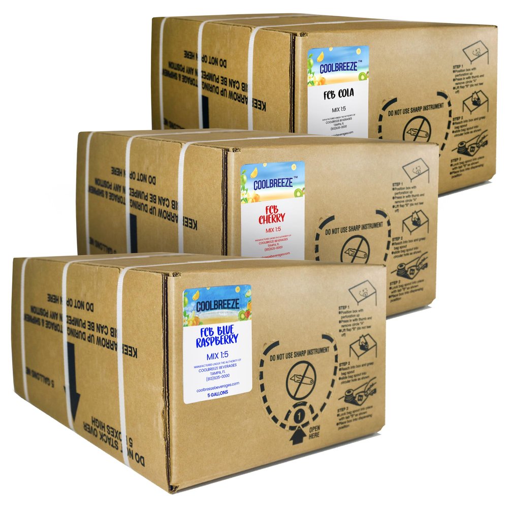 Coolbreeze Beverages Frozen Carbonated Beverage Slush Mix Syrup  5 Gallon Bag-in-Box (BIB)  3 Pack Cherry Cola Blue Raspberry  Commercial FCB Frozen Drink Machine Mix
