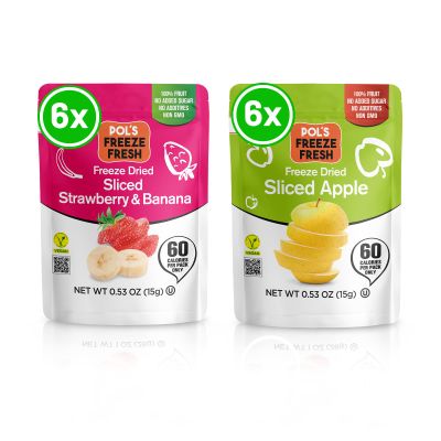 Pols Freeze Fresh - 12 Pack Freeze-Dried Fruits  6x Sliced Apple & 6x Strawberry-Banana (0.53 Oz Each), No Sugar, Non-GMO, Vegan, Gluten-Free, Single-Serve