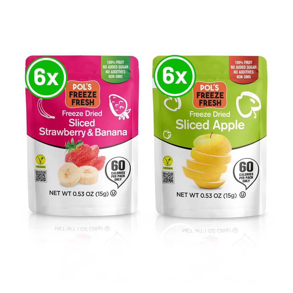 Pols Freeze Fresh - 12 Pack Freeze-Dried Fruits  6x Sliced Apple & 6x Strawberry-Banana (0.53 Oz Each), No Sugar, Non-GMO, Vegan, Gluten-Free, Single-Serve