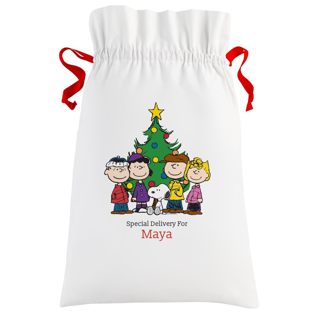 Let's Make Memories Personalized Gift Bag - Reusable - Oversized 32"- PEANUTS Gang Christmas Tree