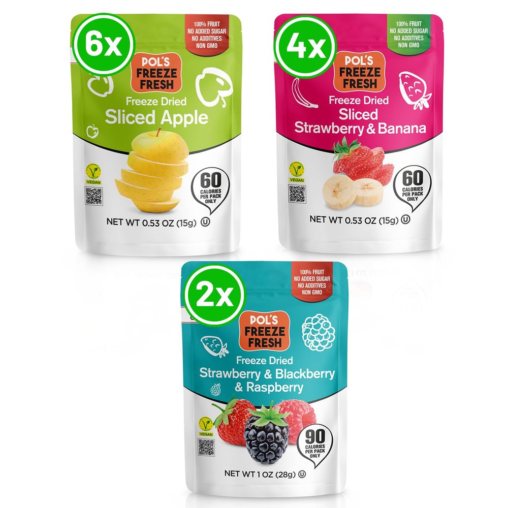 Pols Freeze Fresh - 12 Pack Freeze-Dried Fruit Mix Apple (6), Strawberry-Banana (4), Berry Mix (2) 0.53 Oz Each, No Sugar, Non-GMO, Kosher, Vegan, Gluten-Free, Single-Serve