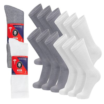 12 Pairs of Cotton Diabetic Non-Binding Neuropathy Crew Socks (White and Grey - Size 10-13)